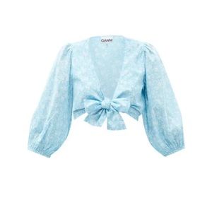 Ganni Tie Front Blue Floral Print Cotton Cropped Top New I 42